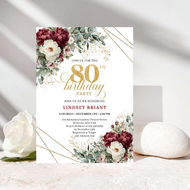 Invitation Elegant Marsala Floral Greenery 80th Birthday (Elegant Marsala Floral Greenery 80th Birthday)