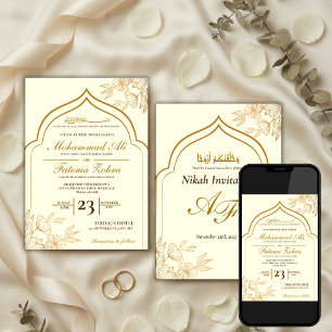 Invitation Élégant Masjid Floral Doré Mariage Musulman Nikah