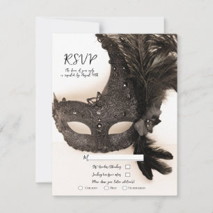 Invitation Élégant Masque à Plume Noire Mariage RSVP Brun Cla