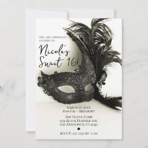 Invitation Élégant Masque à Plume Noire pour Sage 16 Ans Douc