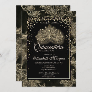 Invitation Elégant Masque Moderne Floral Damask Quinceanera