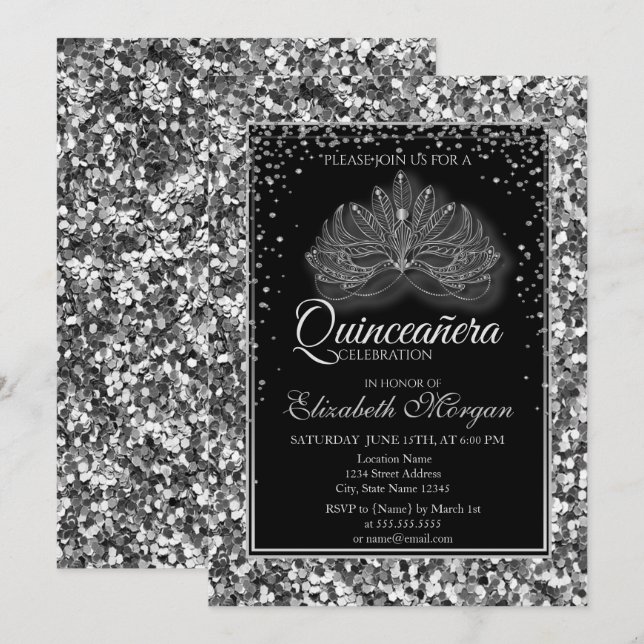 Invitation Elégant Masque Moderne Séquins Argent Quinceanera (Devant / Derrière)