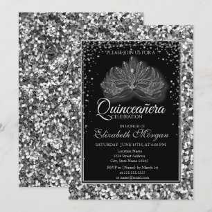 Invitation Elégant Masque Moderne Séquins Argent Quinceanera