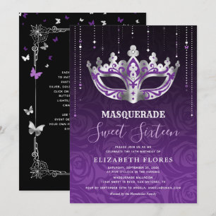 Invitation Élégant Masque Noir Violet Argent pour Sweet 16