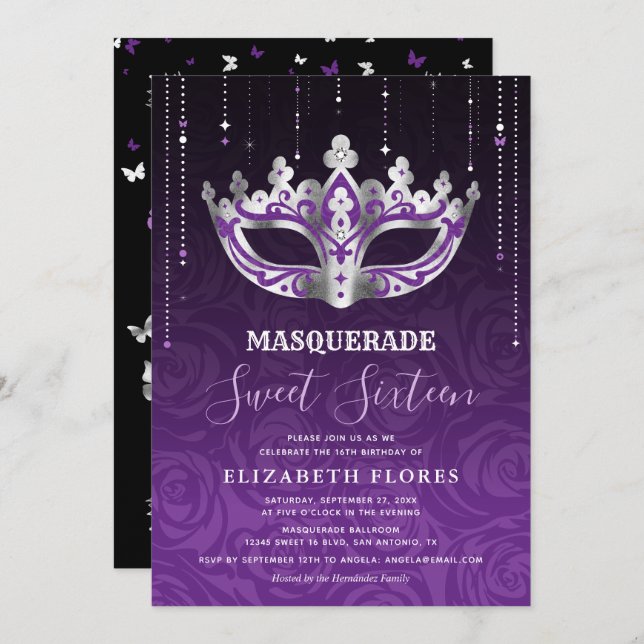 Invitation Élégant Masque Noir Violet Argent pour un Sweet 16 (Devant / Derrière)