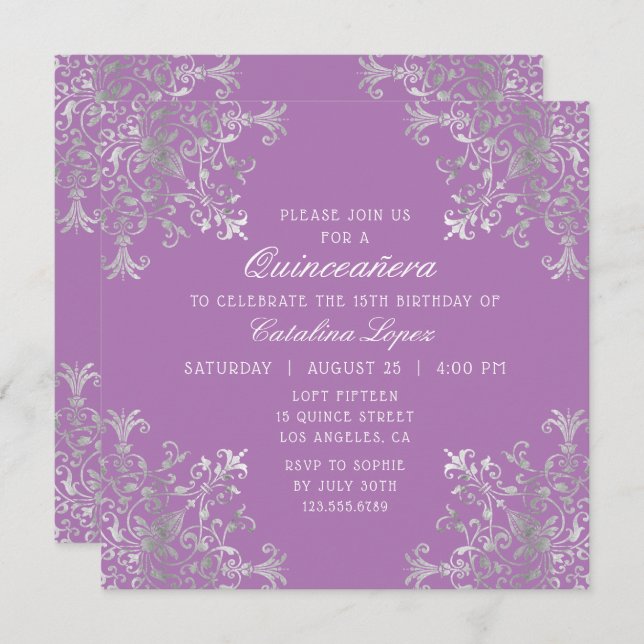 Invitation Élégant mauve argenté Ornate Floral Quinceañera (Devant / Derrière)