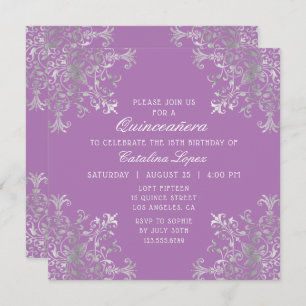 Invitation Élégant mauve argenté Ornate Floral Quinceañera