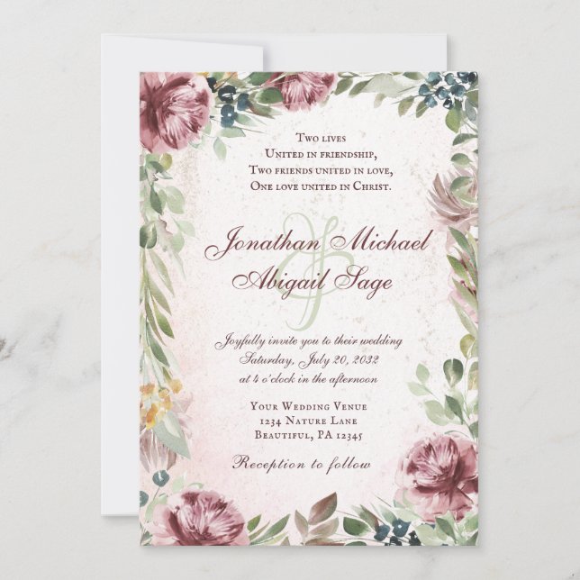Invitation Elégant Mauve Pink Peony Floral Mariage chrétien (Devant)