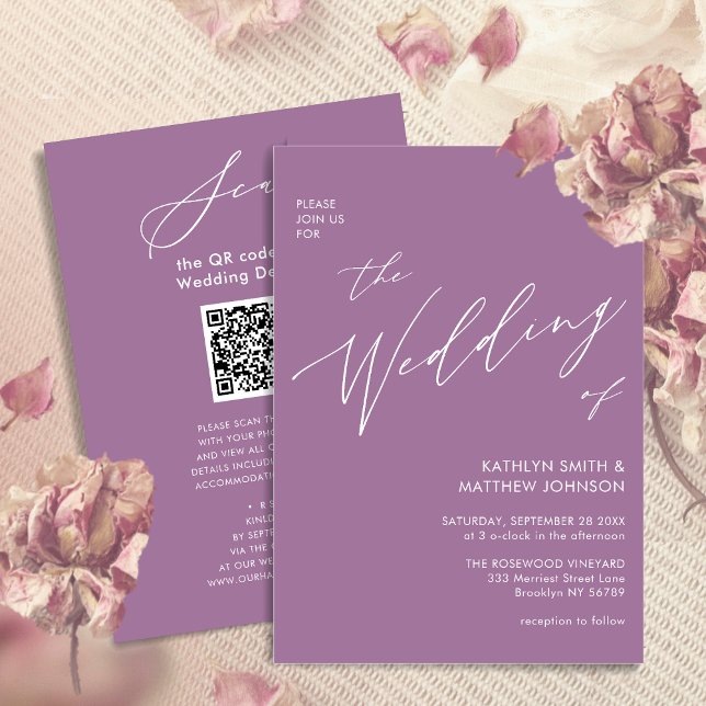 Invitation Elégant Mauve QR Code Tout en un Mariage moderne (Créateur téléchargé)