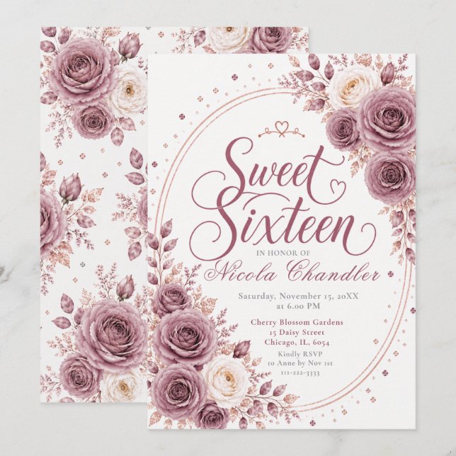 Invitation Élégant Mauve Sweet 16 (Devant / Derrière)