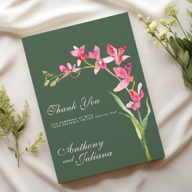 Invitation Elégant mauve vert orchidée rose Merci (Elegant mauve green pink orchid flowers Thank You )