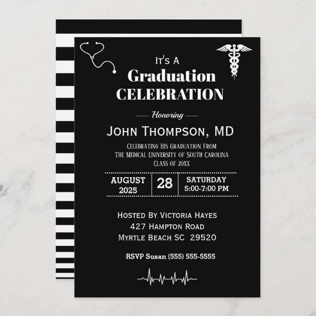 Invitation Élégant Médicale Graduation Party noir et blanc (Devant / Derrière)