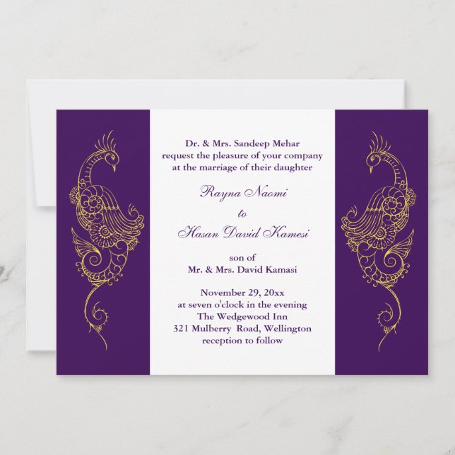 Invitation Elégant Mehndi Peacock Mariage Inviter Violet Blan (Devant)