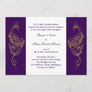 Invitation Elégant Mehndi Peacock Mariage Inviter Violet Blan