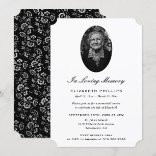 Invitation Élégant Mémorial de photo botanique en argent noir