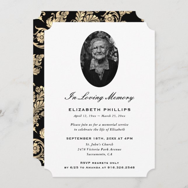 Invitation Élégant Mémorial Photo Black Gold (Devant / Derrière)