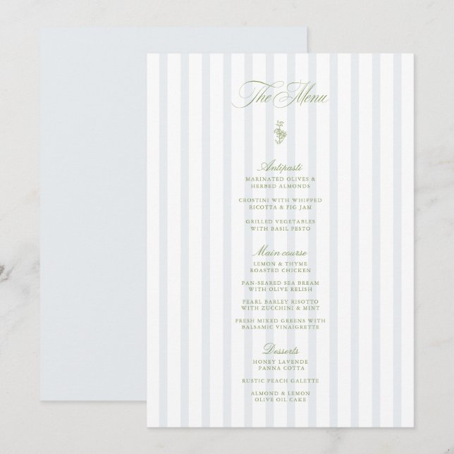 Invitation Élégant Menu de Mariage Rayé Vert Sauge et Bleu (Devant / Derrière)