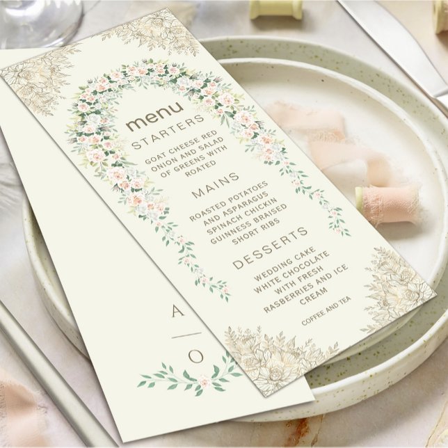 Invitation Élégant menu Mariage d'arc floral (Elegant Floral Arch Wedding Menu Invitation #zazzlefinds #softcolormenu #decorativegoldframe #floral)