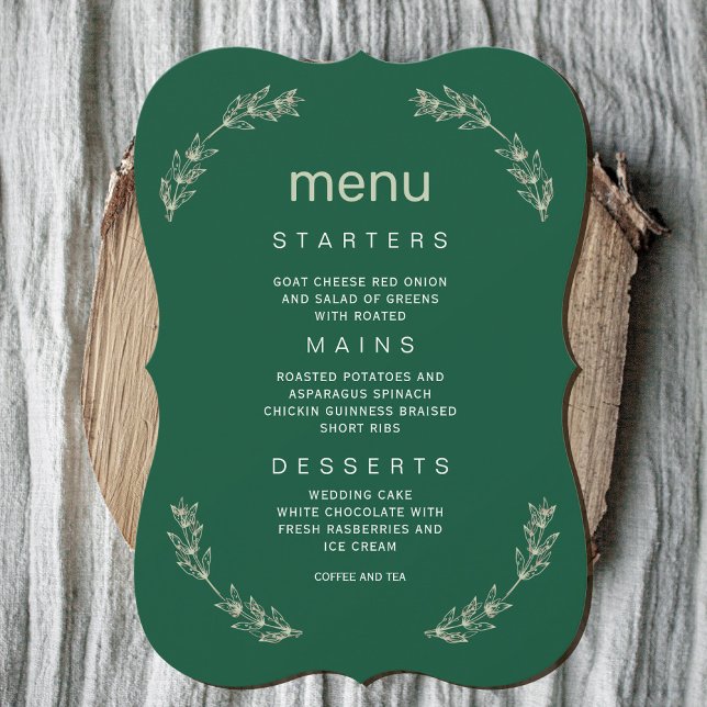 Invitation Elégant menu Mariage de verdure | Police de script (Elegant Greenery Wedding Menu | Script Font #zazzlemade #menu #dinner #leafwreathmenu #darkgreen)