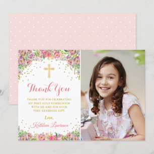 Invitation Élégant Merci de communion rose floral