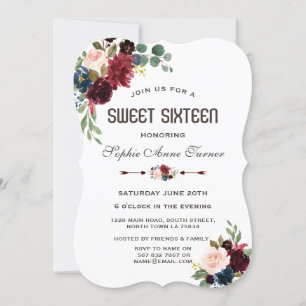 Invitation Elégant Merlot Marine bleu Floral Sweet 16
