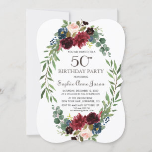 Invitation Elégant Merlot Navy Blue Floral 50e anniversaire