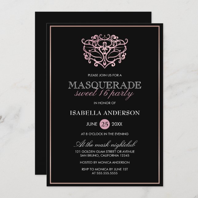 Invitation Élégant Métallic Blush Rose Masquerade Sweet 16 (Devant / Derrière)