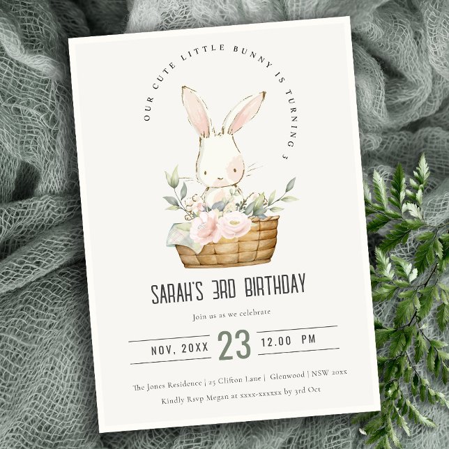 Invitation Élégant Mignonne Lapin En Panier Floral Anniversai (Créateur téléchargé)