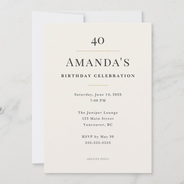 Invitation Elegant Minimal 40th Birthday Celebration (Devant)