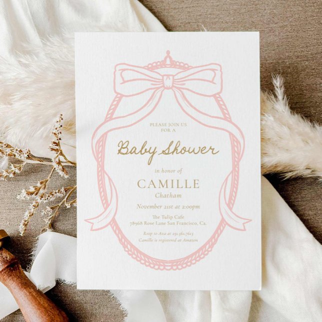 Invitation Élégant minimal Baby shower rose (Pink Bow Girl Baby Shower Invitation)