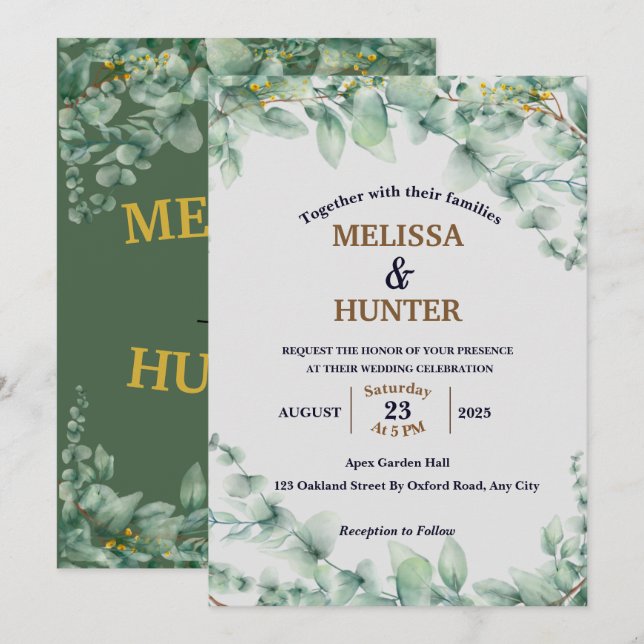 Invitation Elégant minimal de verdure Florale Mariage d'aquar (Devant / Derrière)
