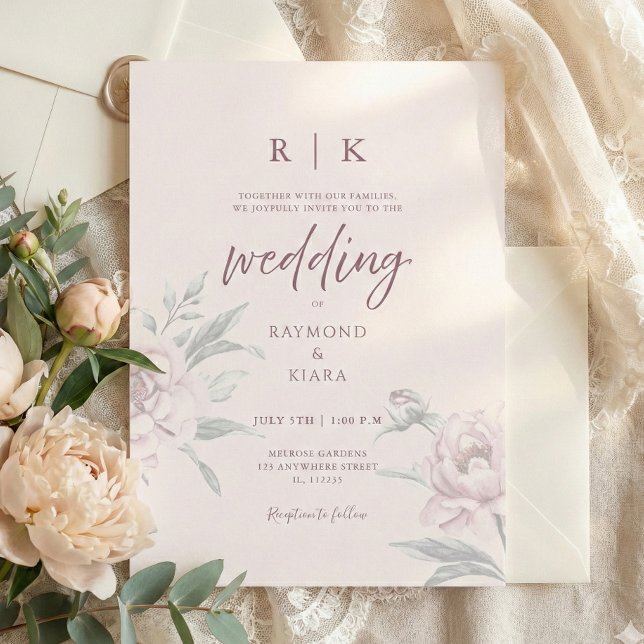 Invitation Elegant Minimal Dusky Pink Peony Floral Wedding  (pink peony personalized wedding invitation)