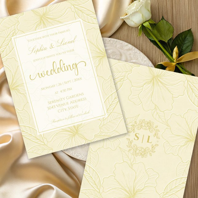 Invitation Élégant minimal Floral Outline Mariage doré (Créateur téléchargé)