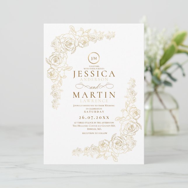 Invitation Elegant  Minimal Gold Roses Frame Wedding  (Debout devant)