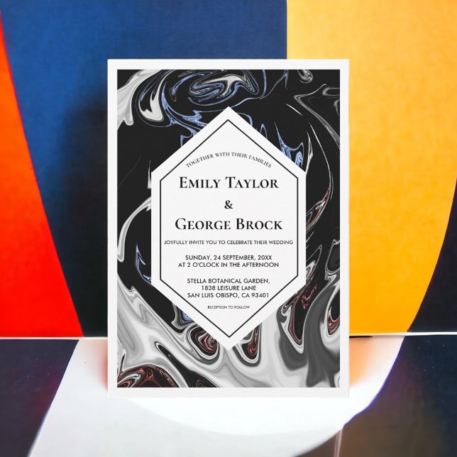 Invitation Élégant minimal noir blanc bleu Abstrait Mariage (Créateur téléchargé)