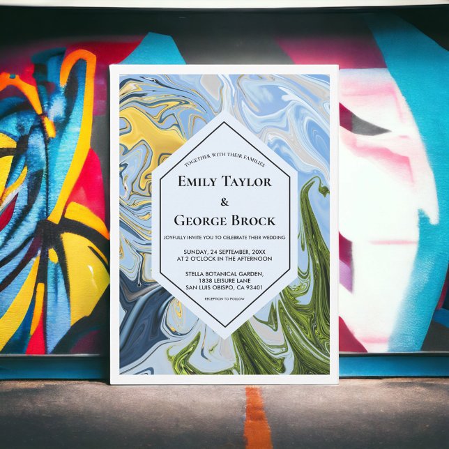 Invitation Élégant minimal vert jaune bleu Abstrait Mariage (Créateur téléchargé)