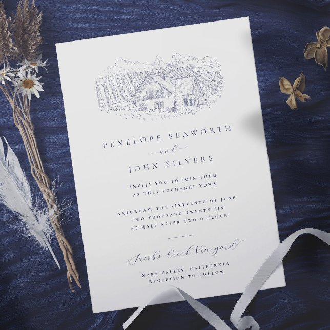Invitation Élégant minimal Vignoble Mariage d'illustration (Elegant white wedding invitation with an illustration of a vineyard)
