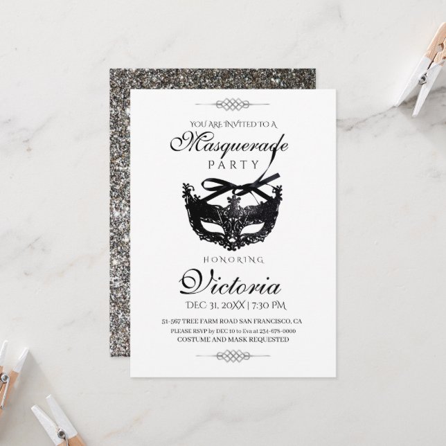 Invitation Élégant Minimalis Masquerade d'argent fête d'anniv (Devant/Arrière en situation)