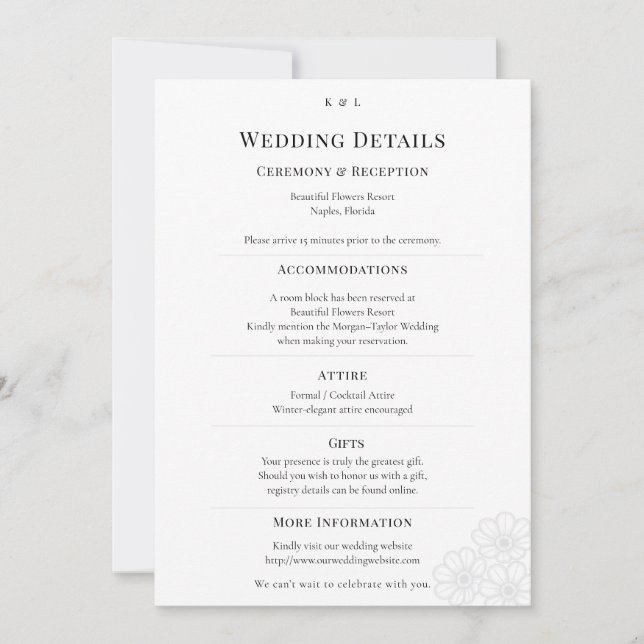 Invitation Elegant Minimalist Winter Wedding Details Card (Devant)