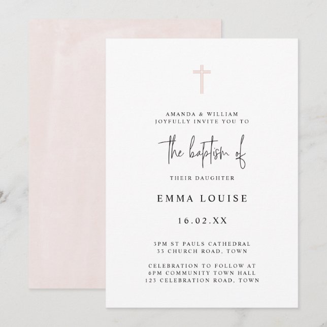 Invitation Élégant Minimaliste Baptême Aquarelle Manuscrite (Devant / Derrière)