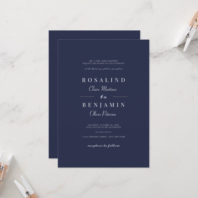 Invitation Élégant minimaliste marine Mariage de typographie  (Devant/Arrière en situation)