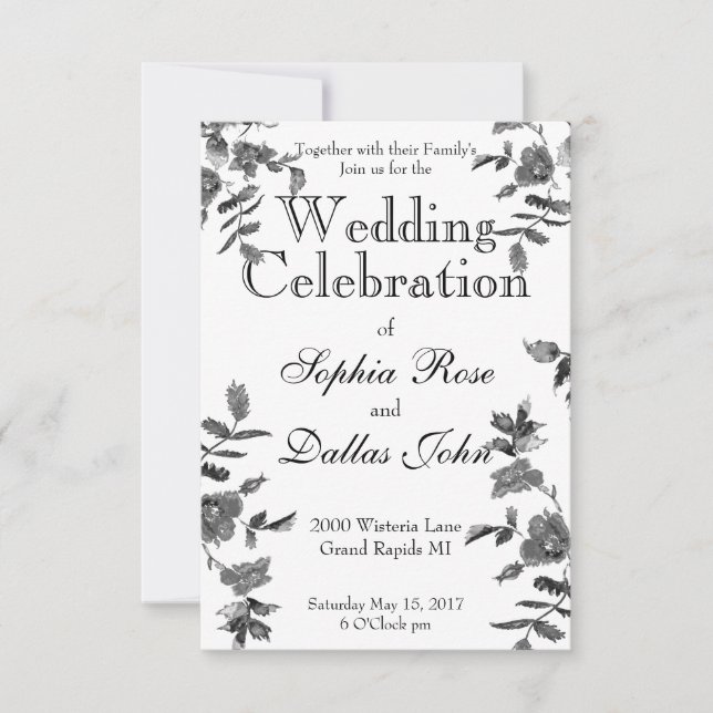 Invitation Elégant minimaliste moderne noir fleur sauvage (Devant)