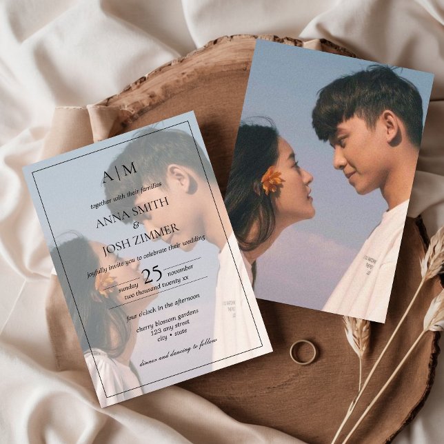Invitation Élégant minimaliste Monogramme Photo superposition (Photo Overlay Minimalist 2 Photo Wedding Invitation)