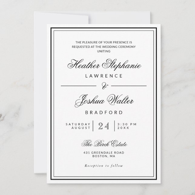 Invitation Élégant minimaliste noir Mariage blanc (Devant)