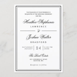 Invitation Élégant minimaliste noir Mariage blanc