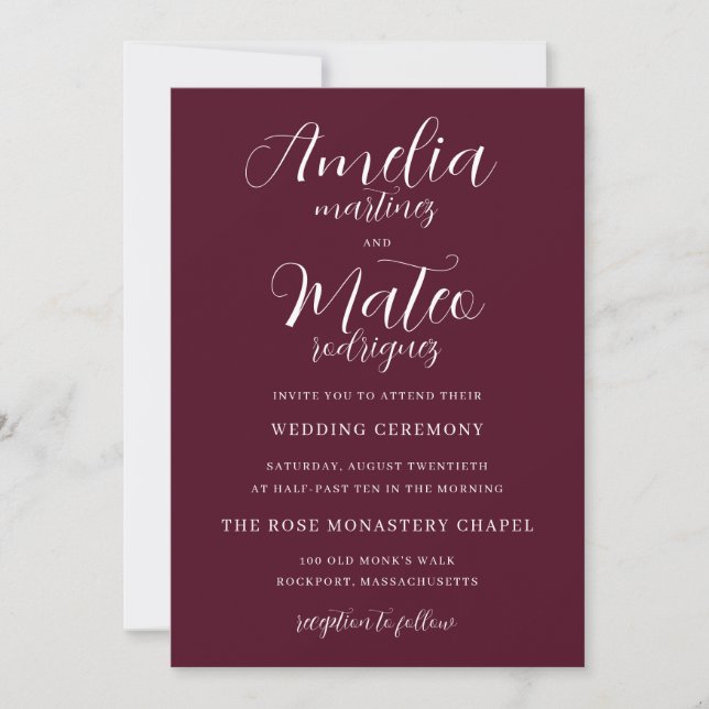 Invitation Élégant minimaliste Script Mariage Bourgogne (Devant)