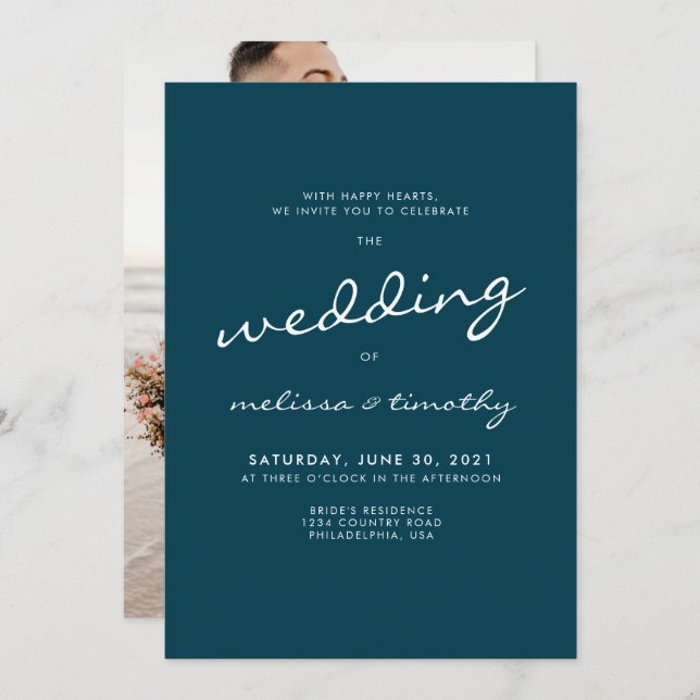 Invitation Élégant minimaliste Turquoise photo Mariage (Devant / Derrière)