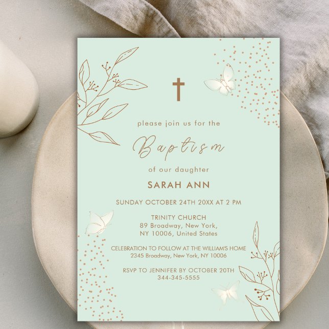 Invitation Élégant Mint Gold Feuilles papillon croix Baptême (Elegant Mint Gold Leave Butterfly Cross Baptism Invitation)