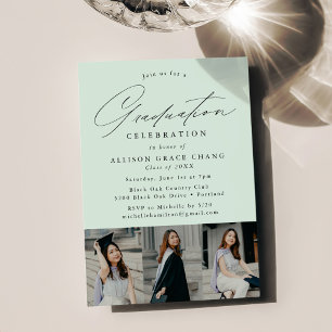 Invitation Elégant Mint Green 3 Photo Graduation Party