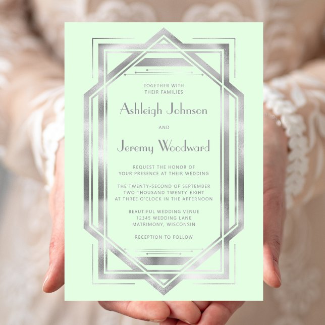 Invitation Elégant Mint Green Argent Vintage Déco Mariage (Créateur téléchargé)